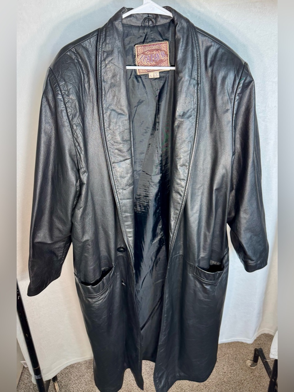 International Leather Men's Black Leather Long Overcoat